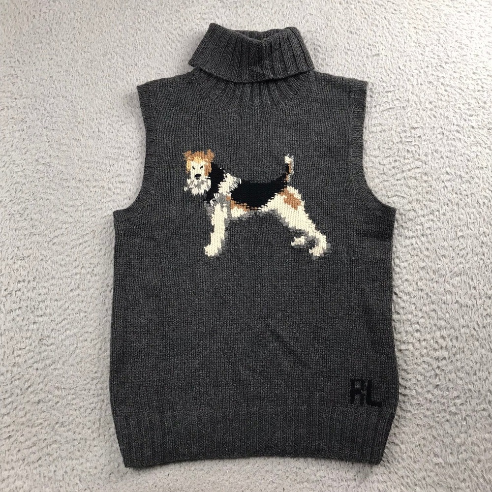 Ralph Lauren Sport Fox Terrier Intarsia Knit Turtleneck Sweater Vest Women M